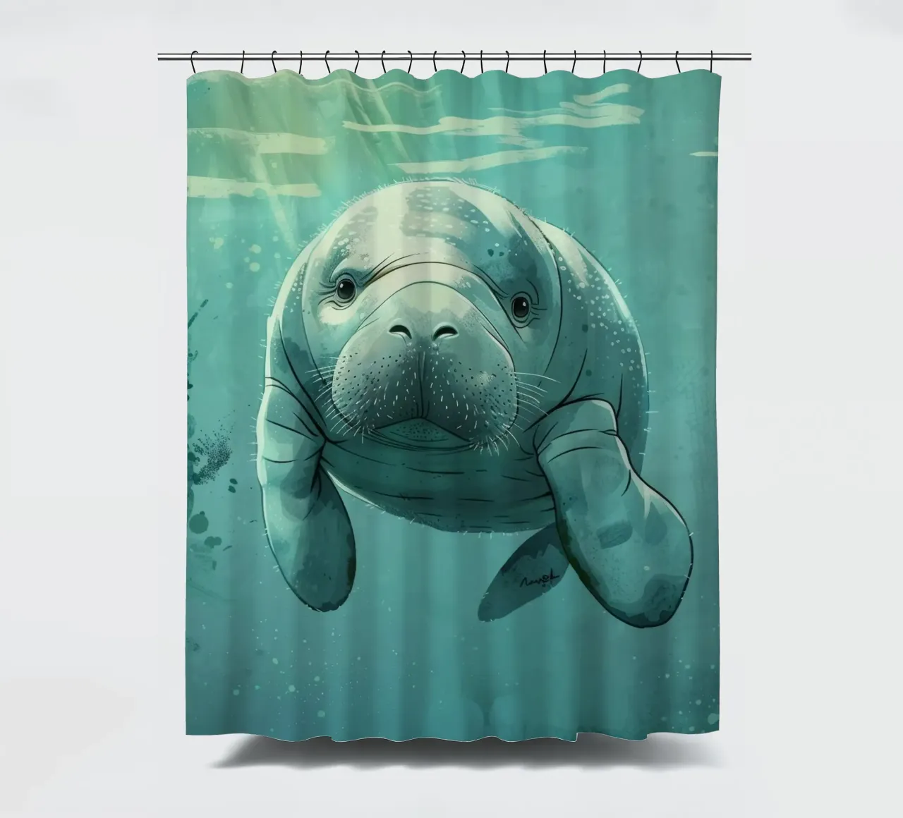 Manatí nadando graciosamente en agua clara con luz solar cortina de baño de DesignDoodle