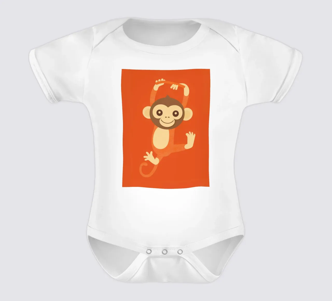 Playful monkey swings happily, showcasing energy and joy short-sleeve baby romper by DesignDoodle