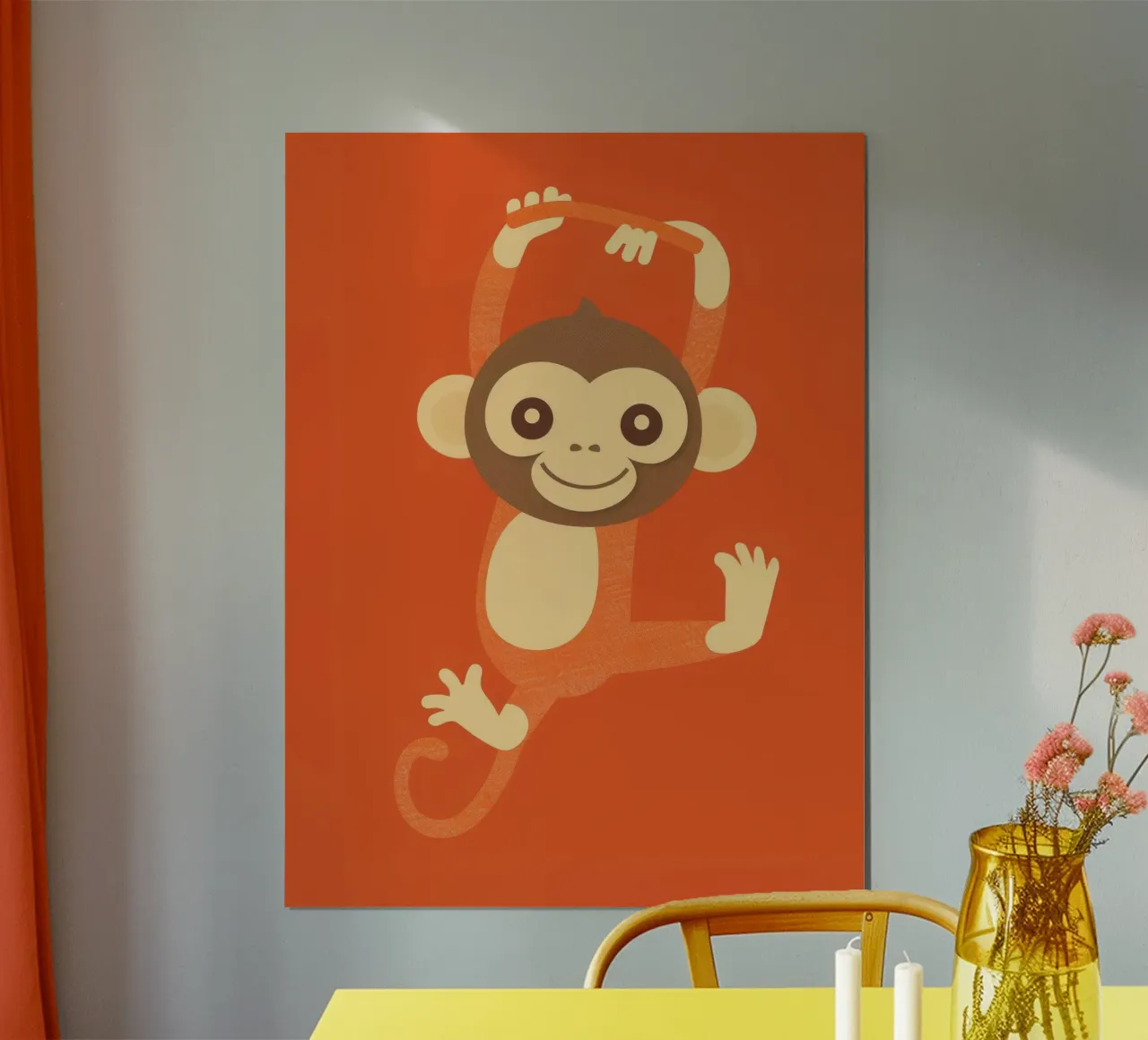 Un singe enjoué se balance joyeusement, faisant preuve d'énergie et de joie. poster avec cadre en plastique de DesignDoodle