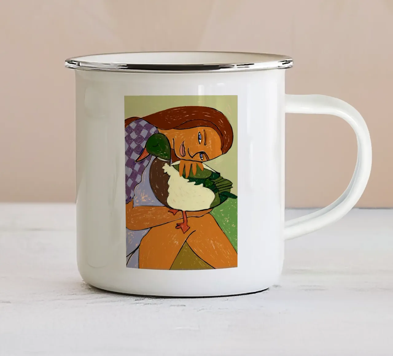 La ragazza e l'oca dalla testa verde tazza in smalto da 83oranges