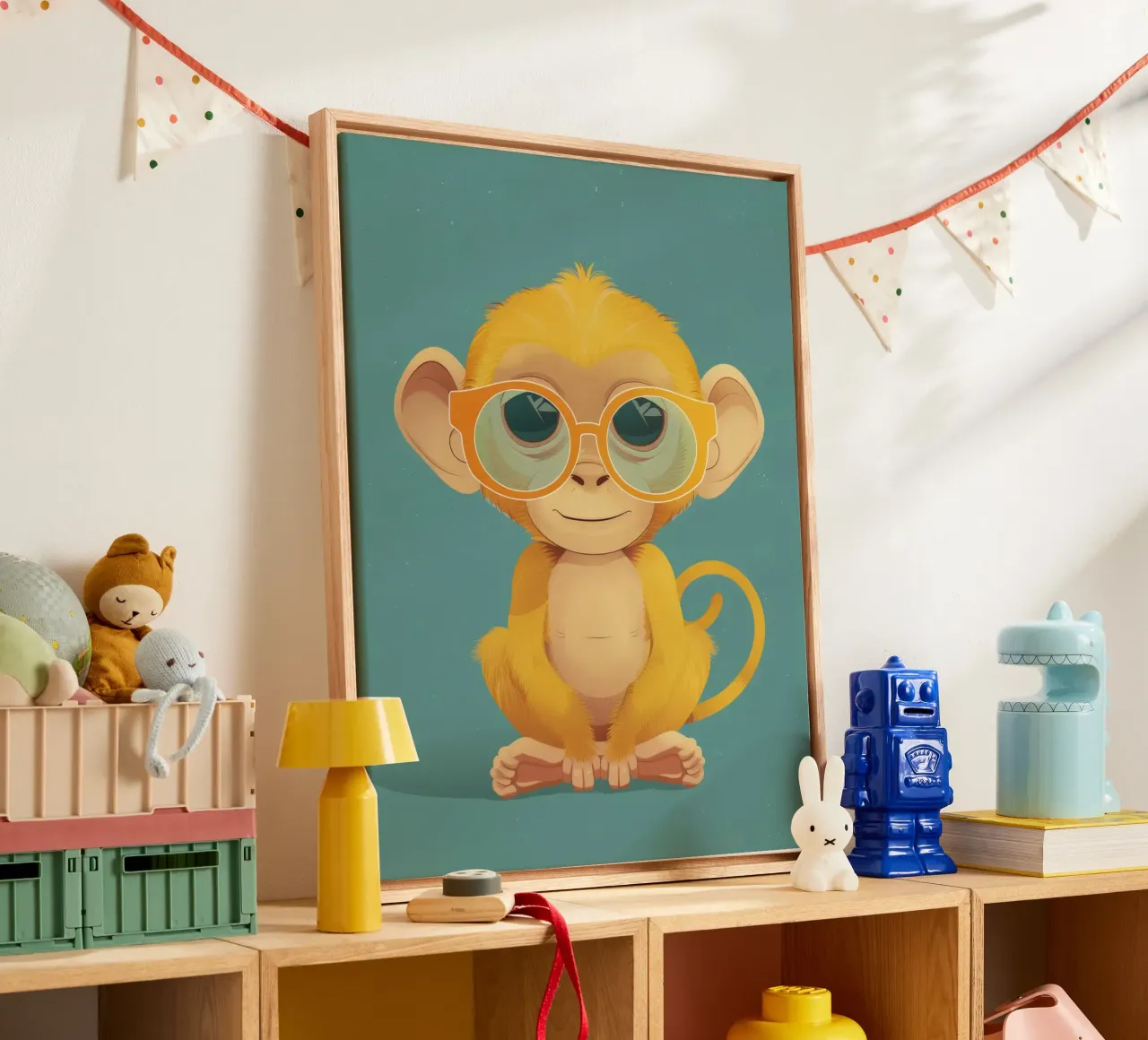 Simpatica scimmia gialla giocosa con occhiali tela con Cornice a cassetta da DesignDoodle