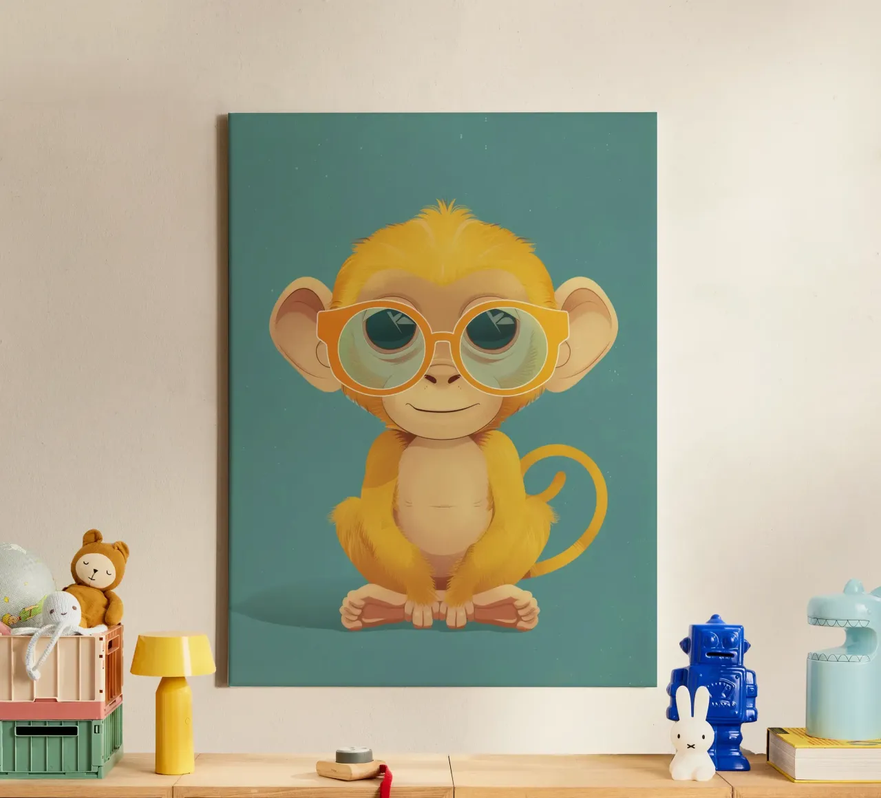 Simpatica scimmia gialla giocosa con occhiali tela con Cornice a cassetta da DesignDoodle
