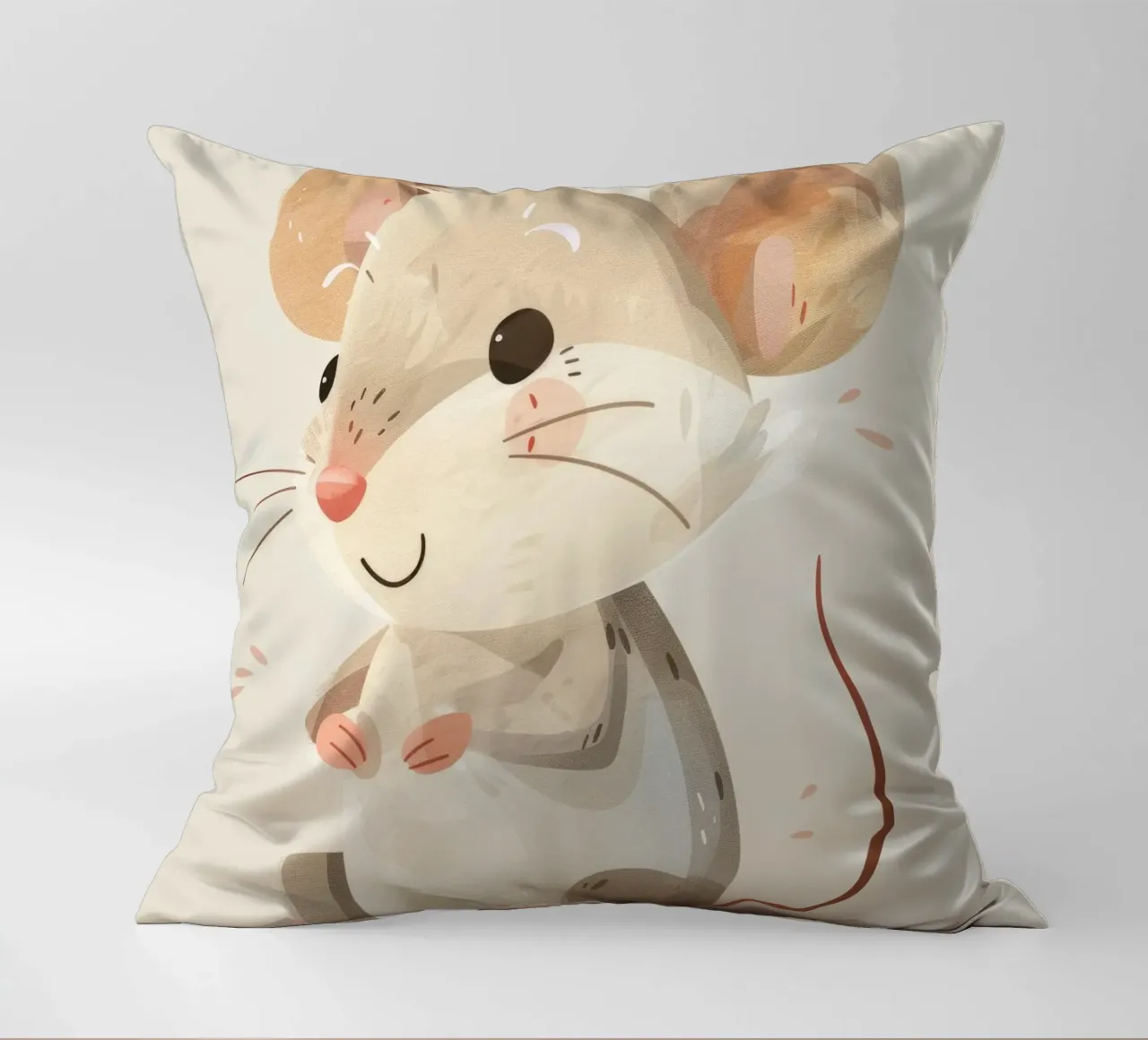 Cute cartoon mouse with soft fur sitting on a light art decorative cushion by DesignDoodle