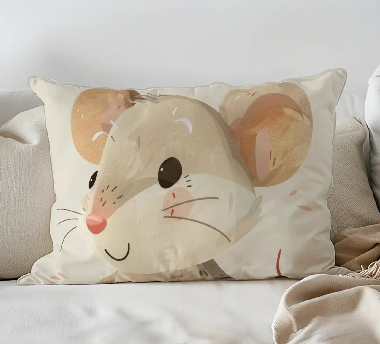 Cute cartoon mouse with soft fur sitting on a light art decorative cushion by DesignDoodle