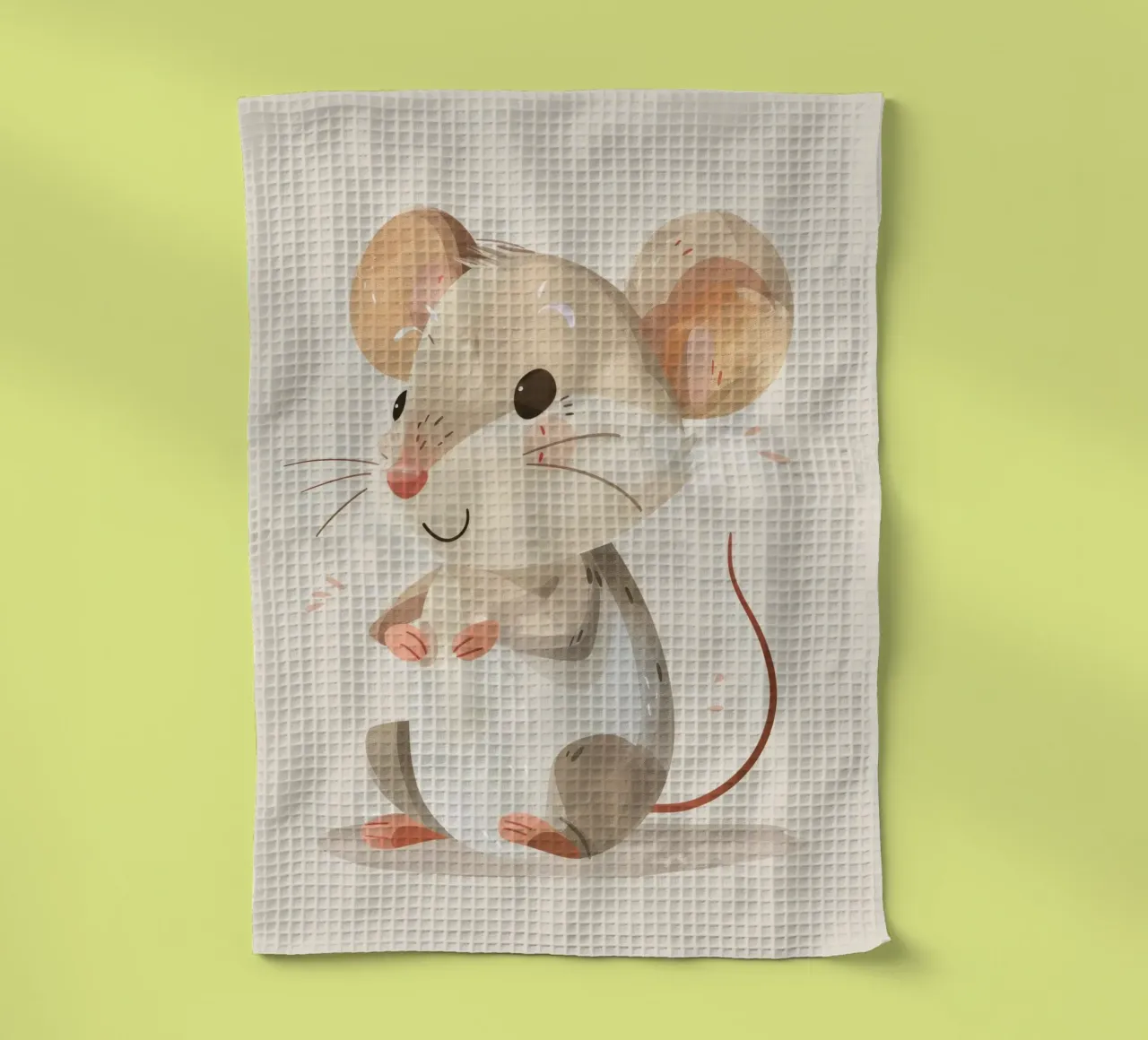 Mignonne souris de dessin animé à la fourrure douce, assise sur un objet d'art léger torchon de DesignDoodle