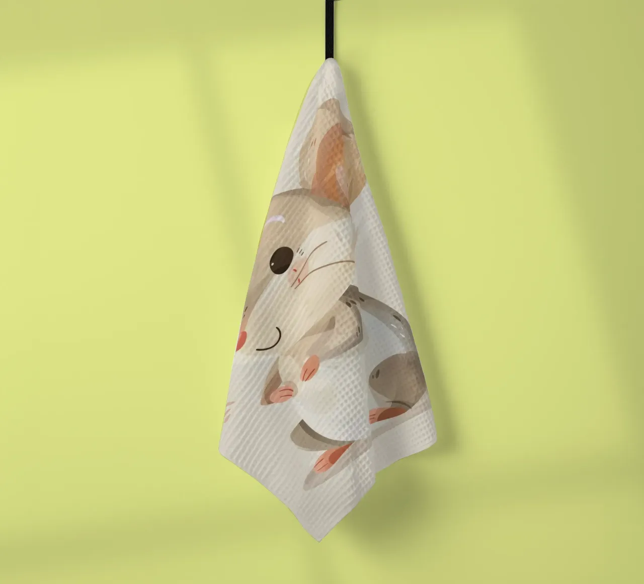 Mignonne souris de dessin animé à la fourrure douce, assise sur un objet d'art léger torchon de DesignDoodle