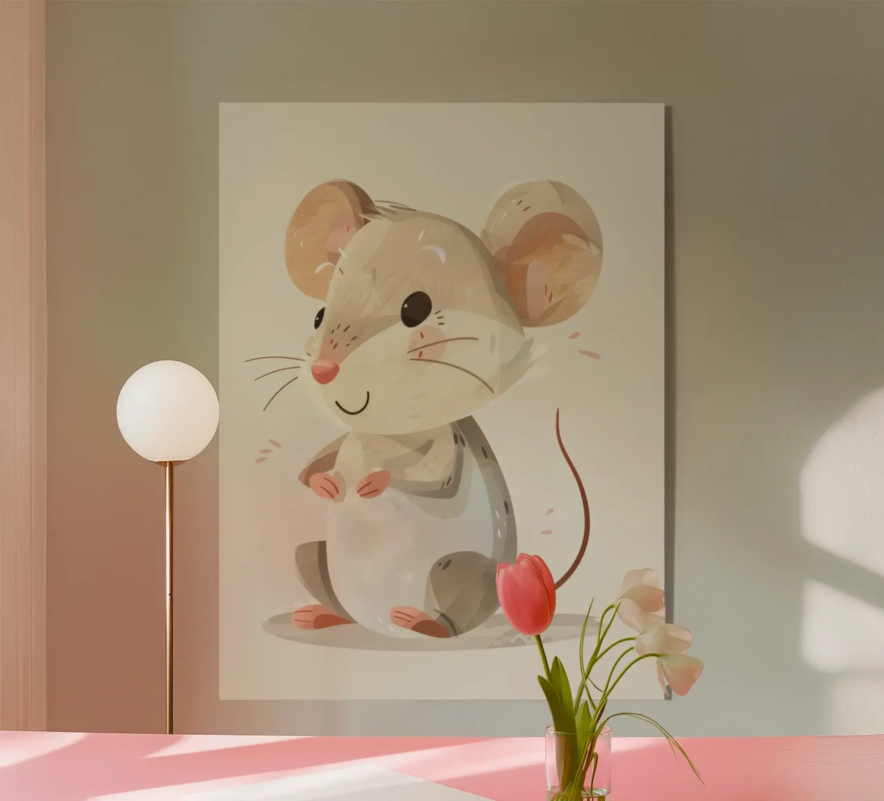 Mignonne souris de dessin animé à la fourrure douce, assise sur un objet d'art léger plexiglas de DesignDoodle