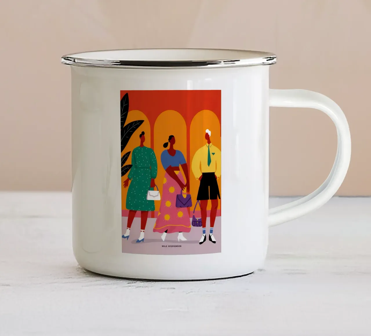 The Fashionable Trio enamel mug by Mythy Brush