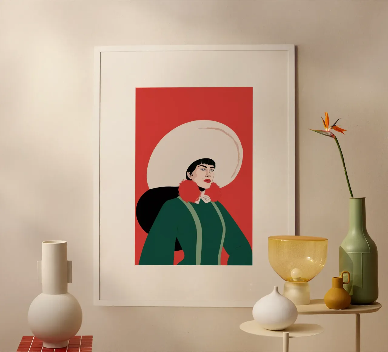 La signora con il cappello bianco poster con telaio in legno da Flock Reverie