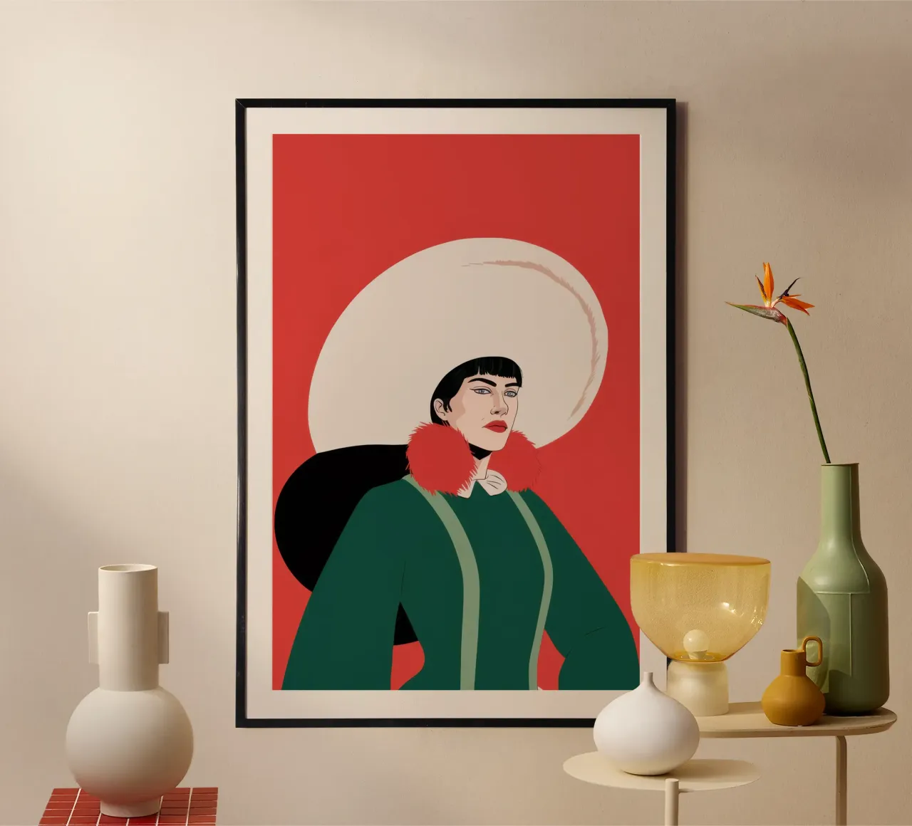 La signora con il cappello bianco poster con telaio in legno da Flock Reverie