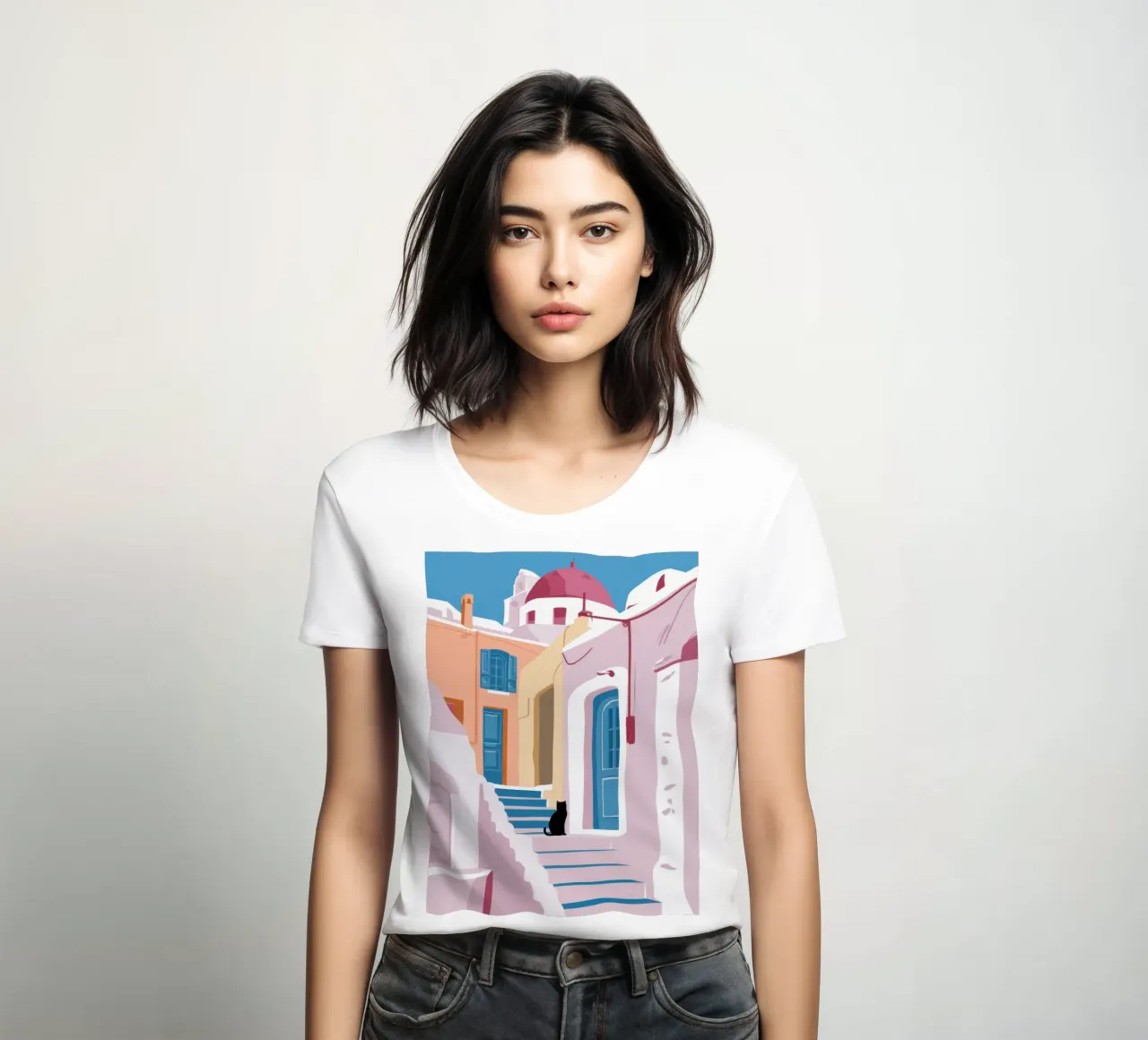 Gatto delle scale di Santorini t-shirt da donna da Dream Gesso