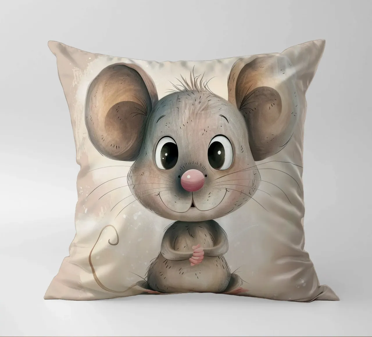 Cute cartoon mouse character with big ears and friendly face decorative cushion by DesignDoodle