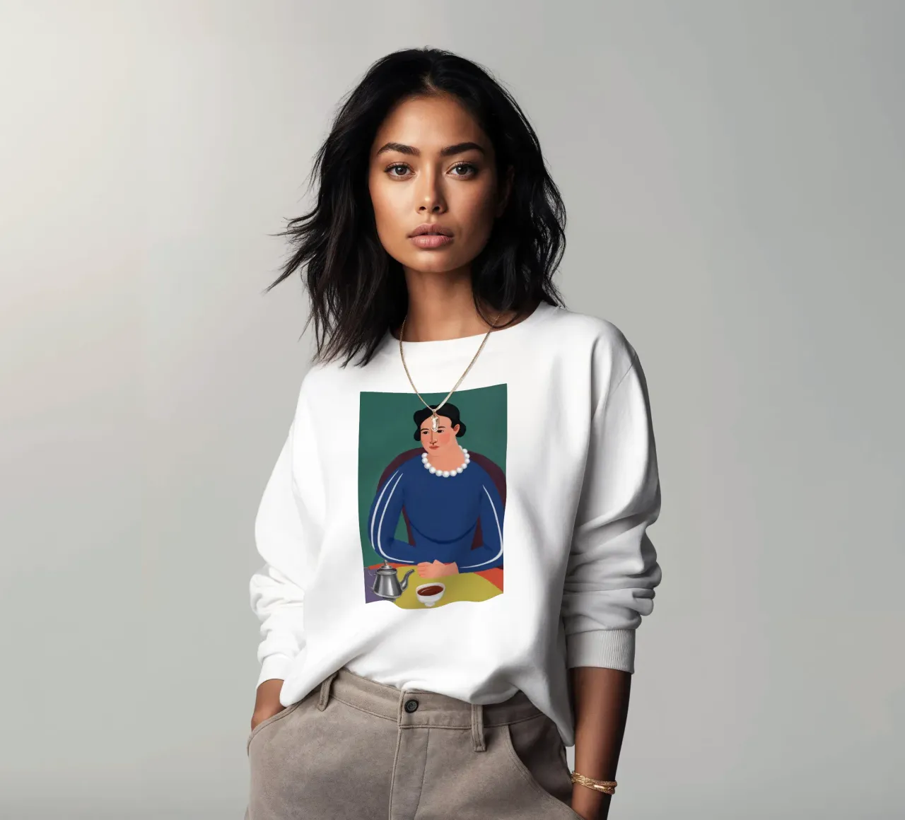 Mujer con cafetera sudadera de Flock Reverie