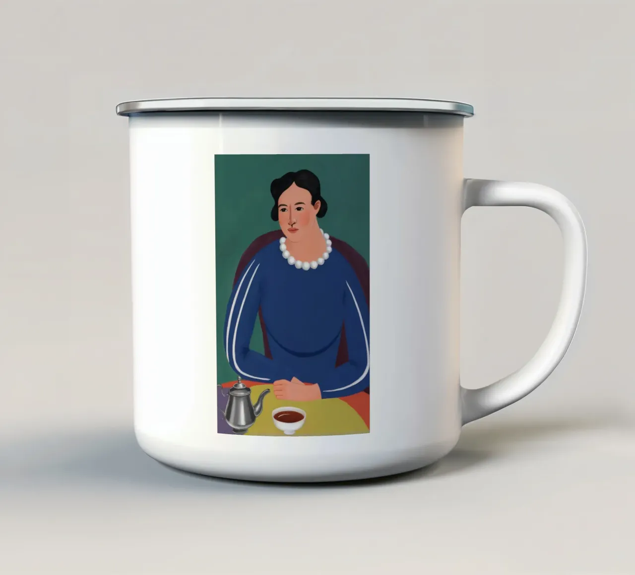 Donna con caffettiera tazza in smalto da Flock Reverie