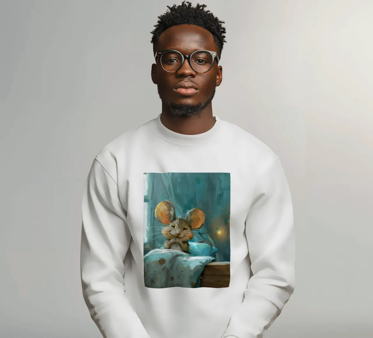 Souris heureuse se reposant dans un lit avec une couverture chaude dans une chambre confortable sweat de DesignDoodle