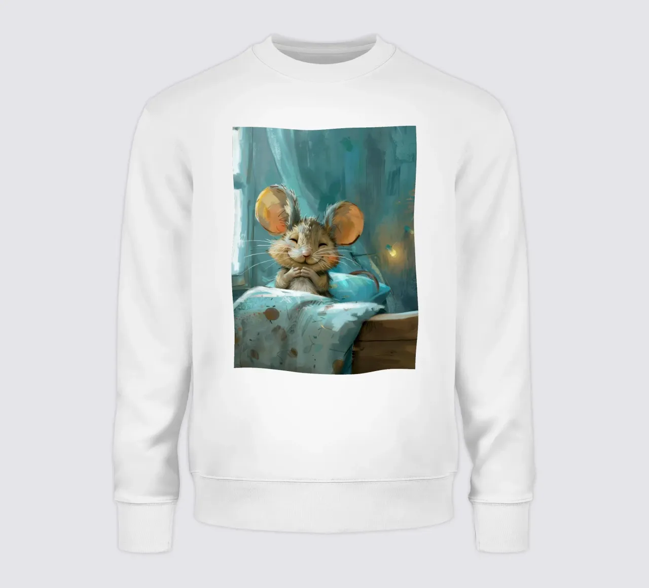 Souris heureuse se reposant dans un lit avec une couverture chaude dans une chambre confortable sweat de DesignDoodle