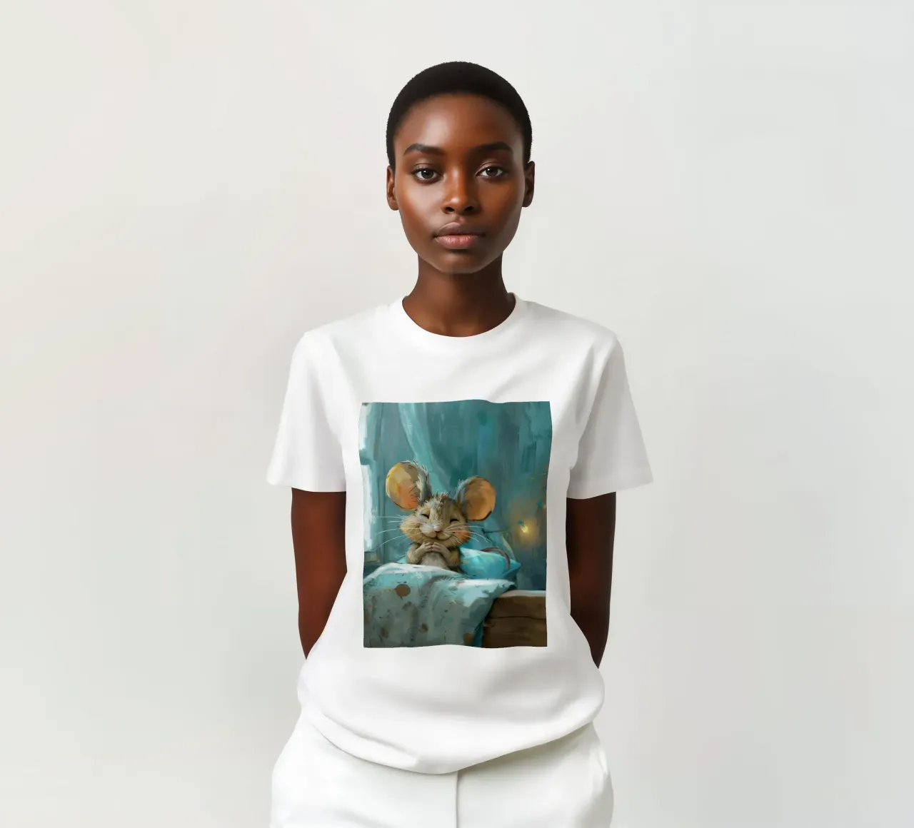 Souris heureuse se reposant dans un lit avec une couverture chaude dans une chambre confortable t-shirt de DesignDoodle