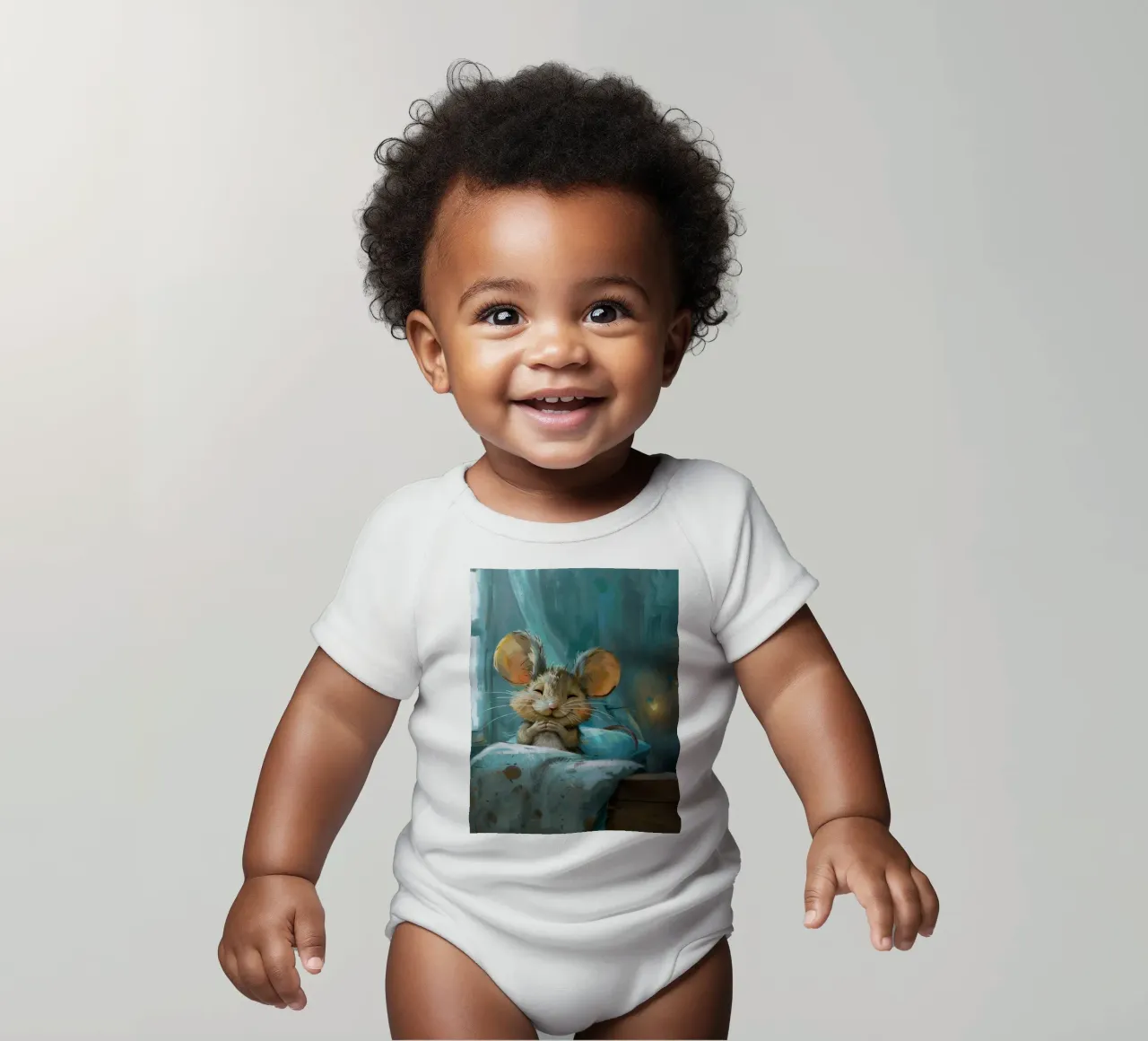 Souris heureuse se reposant dans un lit avec une couverture chaude dans une chambre confortable body bébé de DesignDoodle