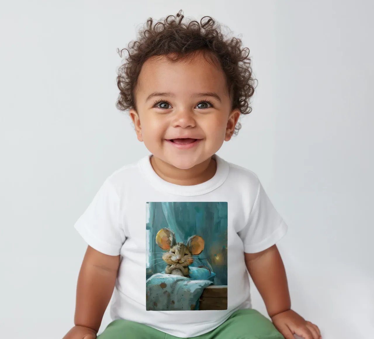 Souris heureuse se reposant dans un lit avec une couverture chaude dans une chambre confortable t-shirt pour bébé de DesignDoodle