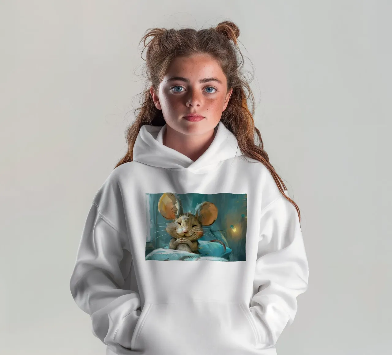 Souris heureuse se reposant dans un lit avec une couverture chaude dans une chambre confortable sweat à capuche enfant de DesignDoodle