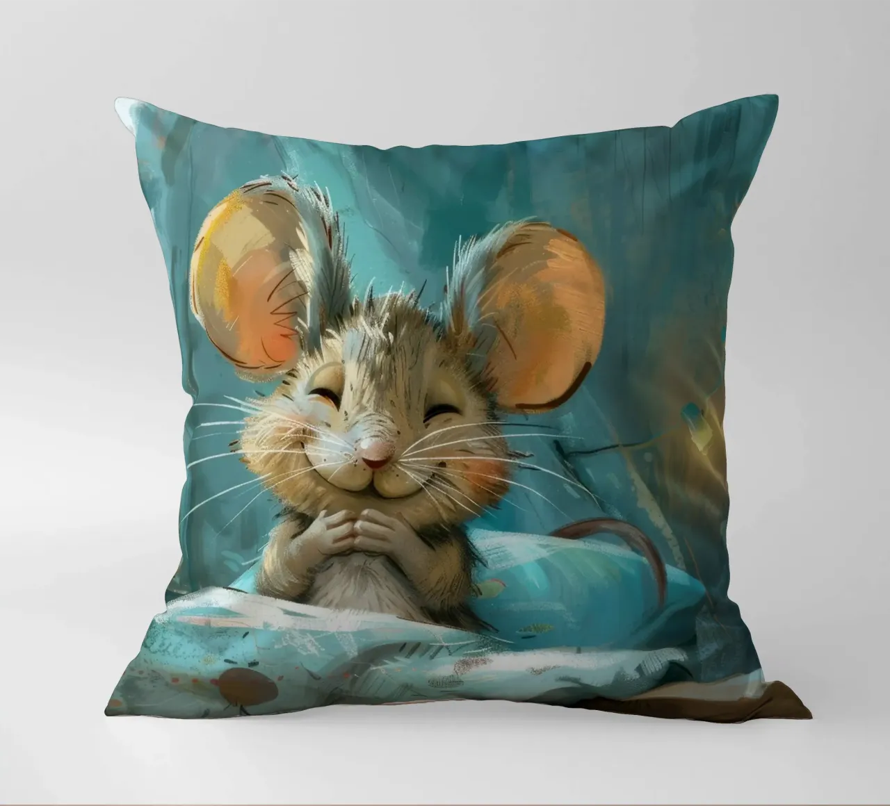 Souris heureuse se reposant dans un lit avec une couverture chaude dans une chambre confortable coussin de DesignDoodle