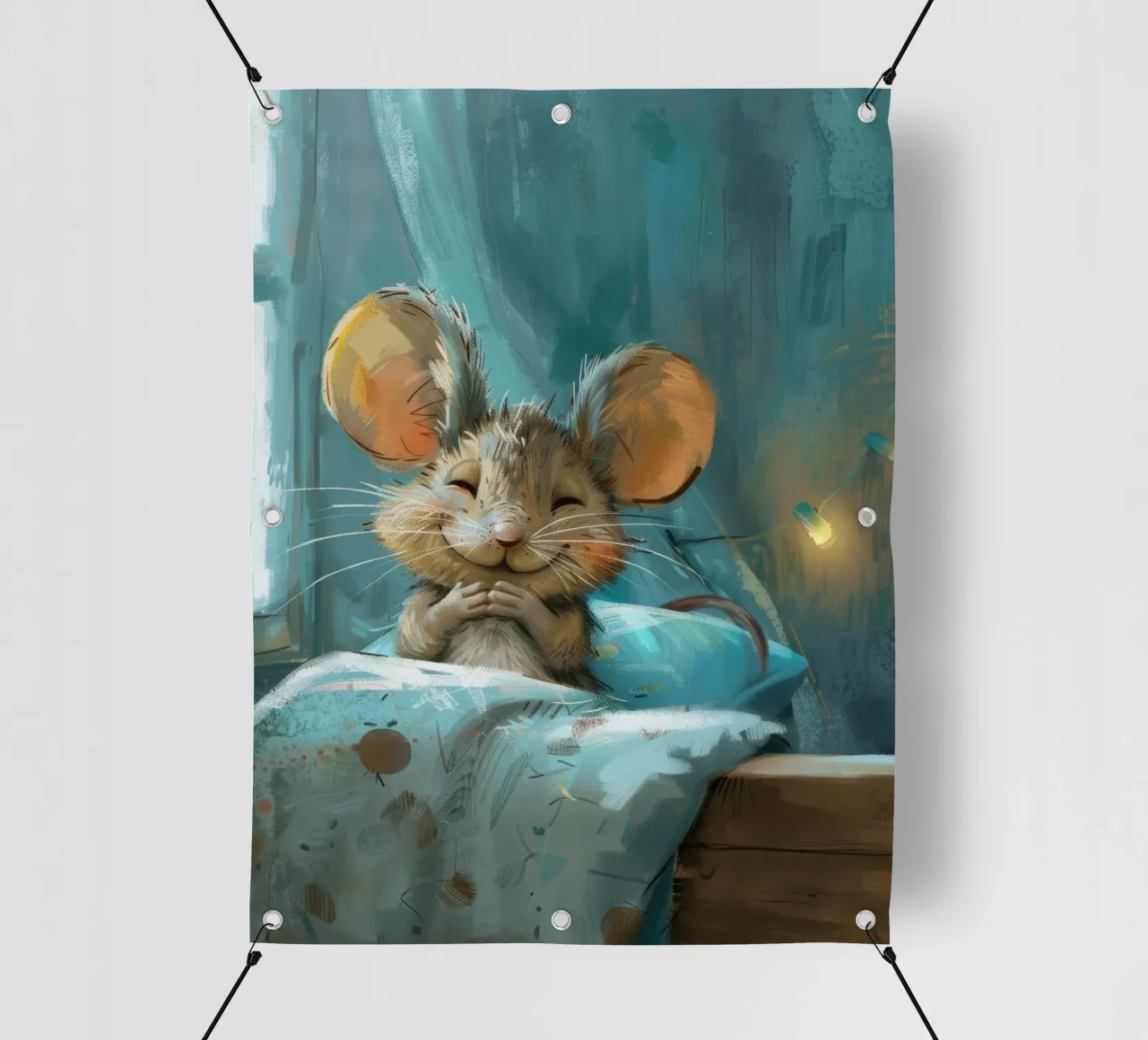 Souris heureuse se reposant dans un lit avec une couverture chaude dans une chambre confortable bâche pvc de DesignDoodle