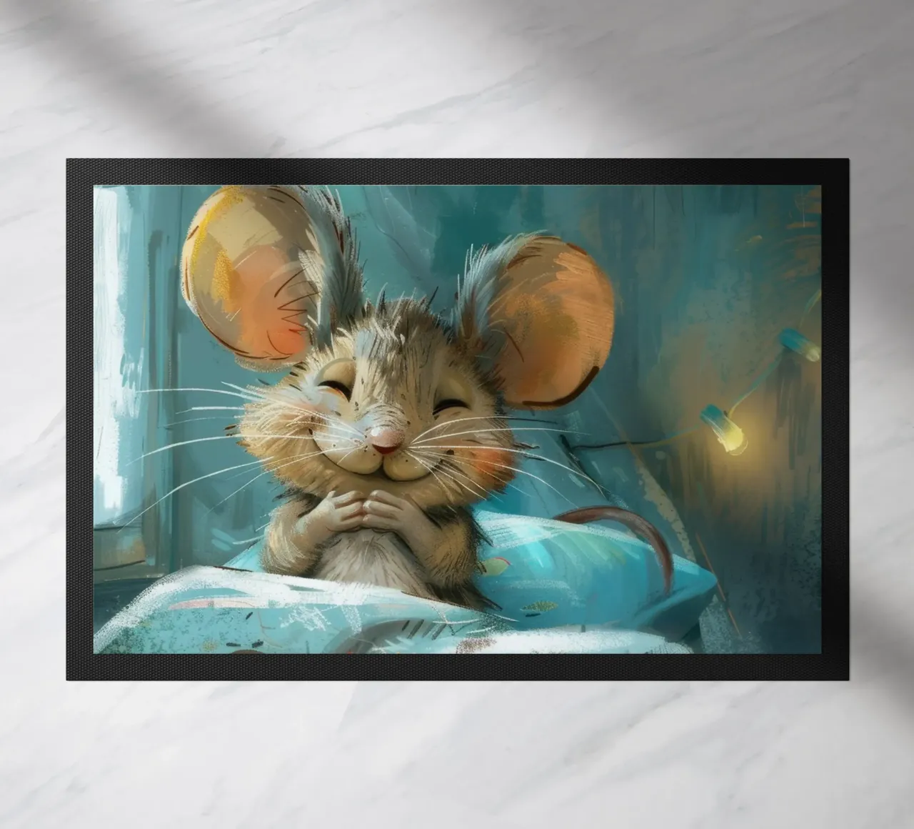 Souris heureuse se reposant dans un lit avec une couverture chaude dans une chambre confortable paillasson de DesignDoodle
