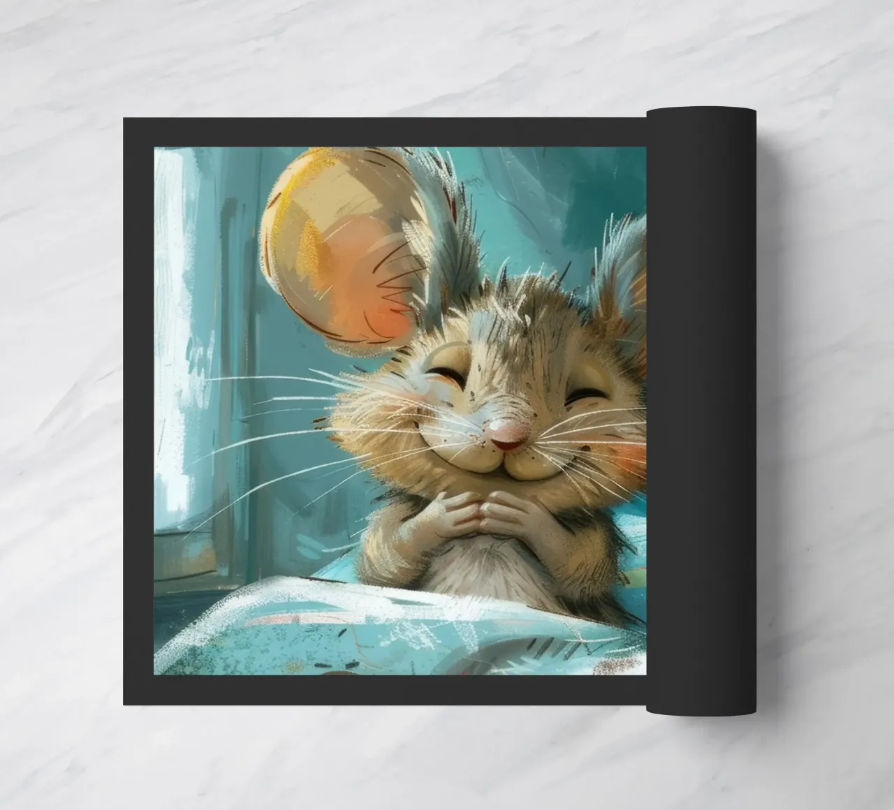 Souris heureuse se reposant dans un lit avec une couverture chaude dans une chambre confortable paillasson de DesignDoodle