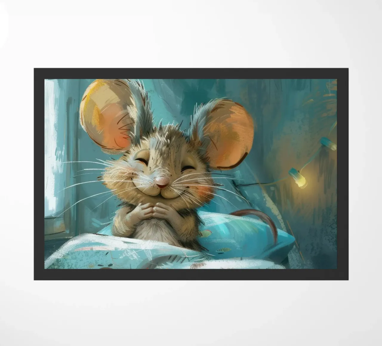 Souris heureuse se reposant dans un lit avec une couverture chaude dans une chambre confortable paillasson de DesignDoodle