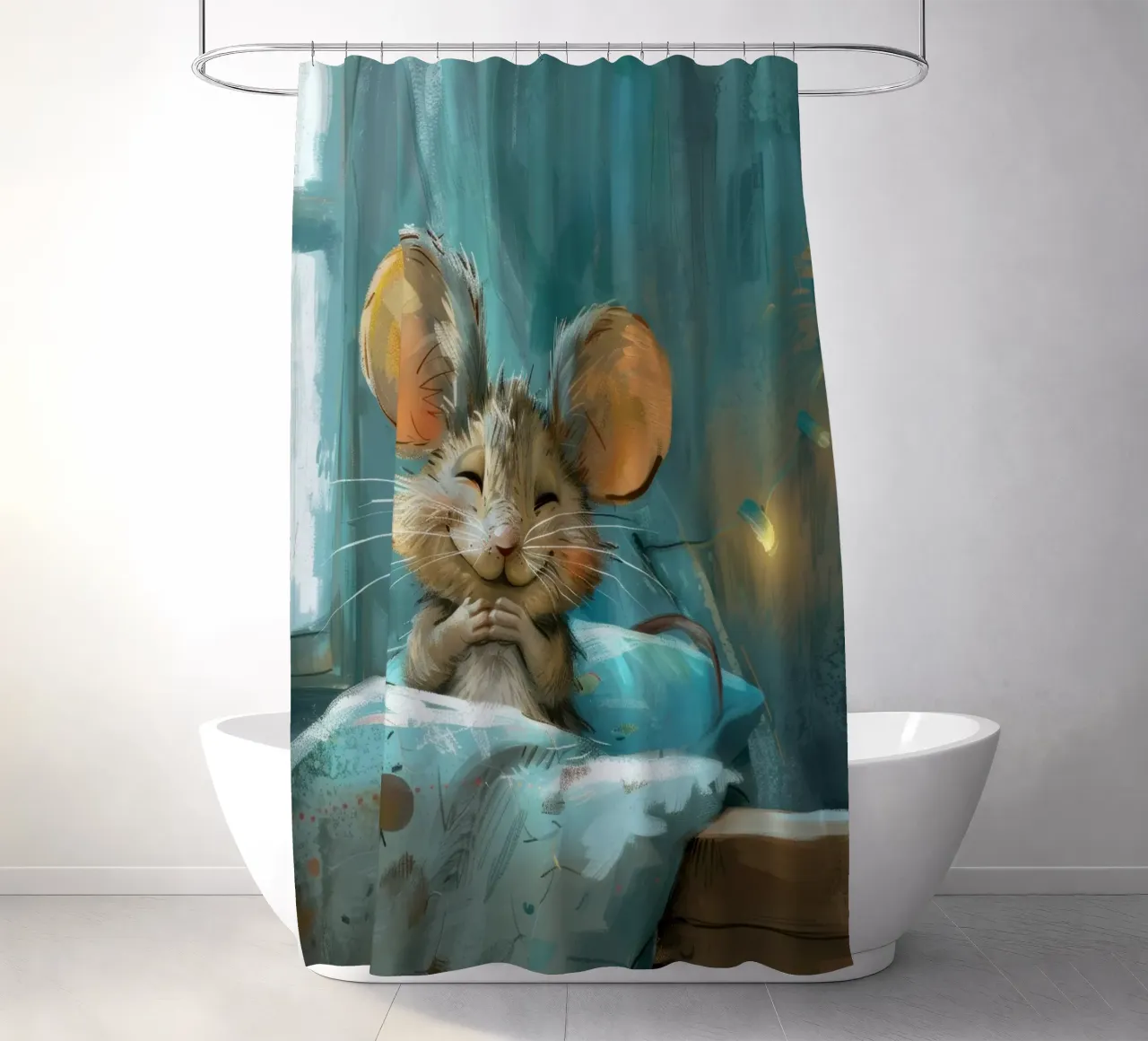 Souris heureuse se reposant dans un lit avec une couverture chaude dans une chambre confortable rideau de douche de DesignDoodle