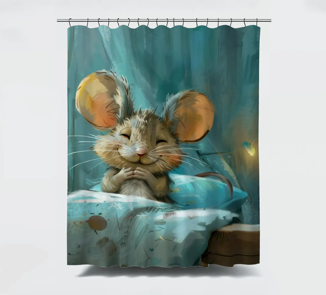 Souris heureuse se reposant dans un lit avec une couverture chaude dans une chambre confortable rideau de douche de DesignDoodle
