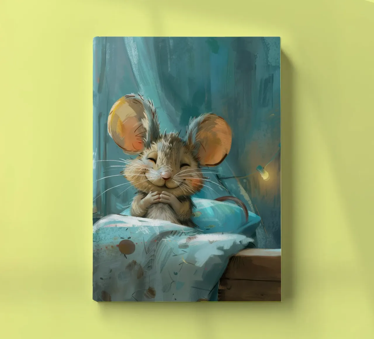 Souris heureuse se reposant dans un lit avec une couverture chaude dans une chambre confortable carnet de notes de DesignDoodle