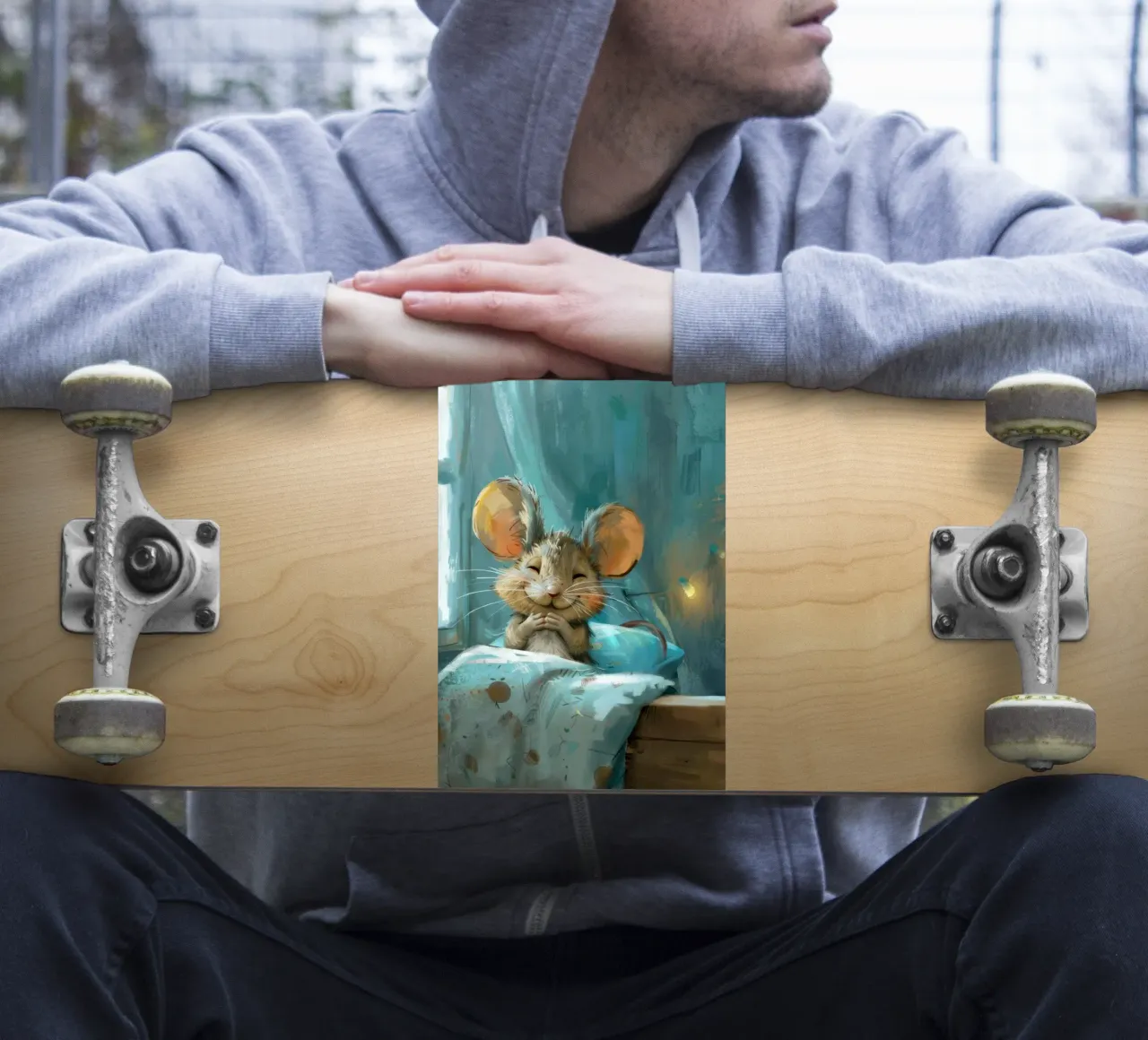 Souris heureuse se reposant dans un lit avec une couverture chaude dans une chambre confortable autocollant de DesignDoodle