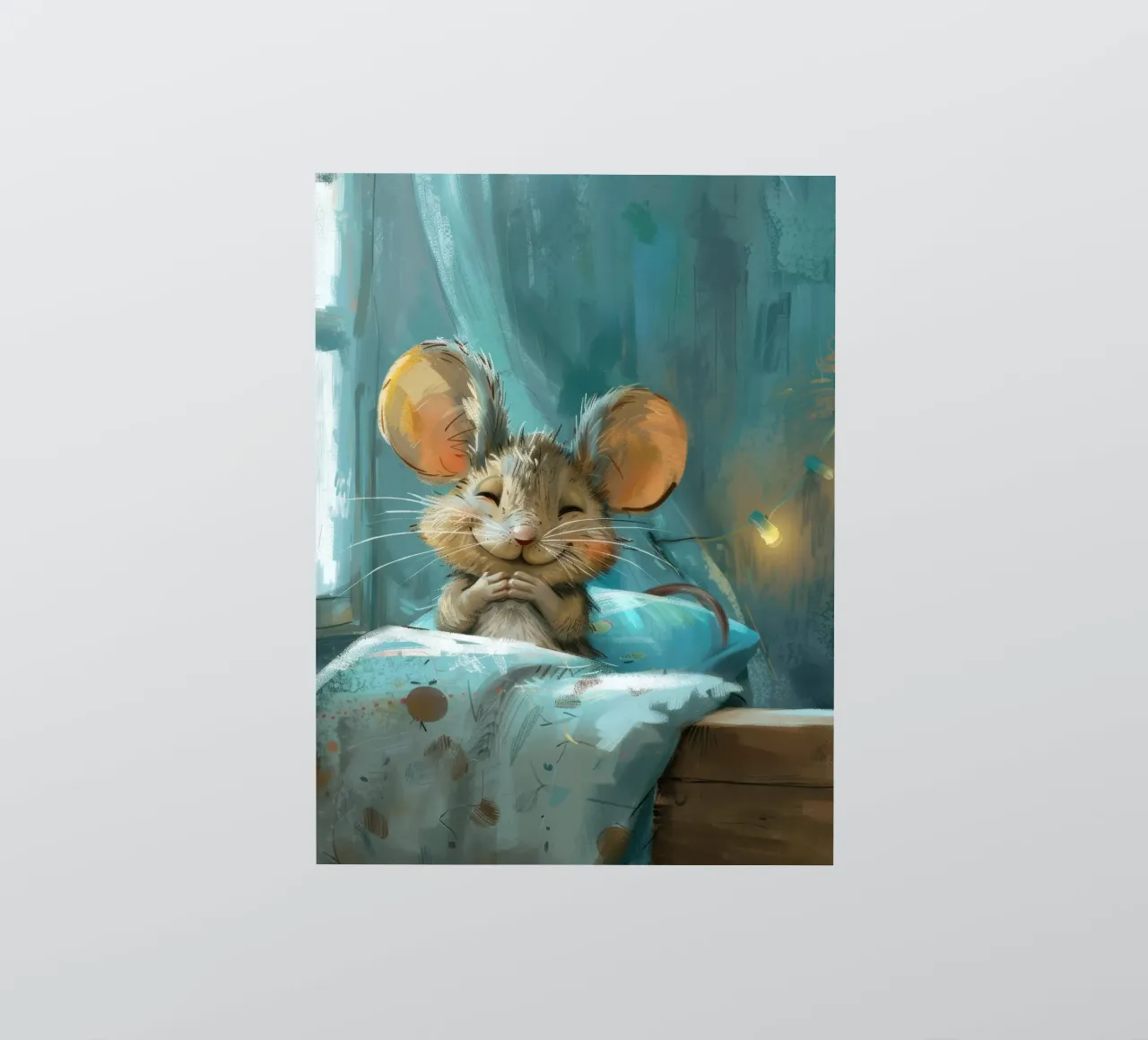 Souris heureuse se reposant dans un lit avec une couverture chaude dans une chambre confortable autocollant de DesignDoodle