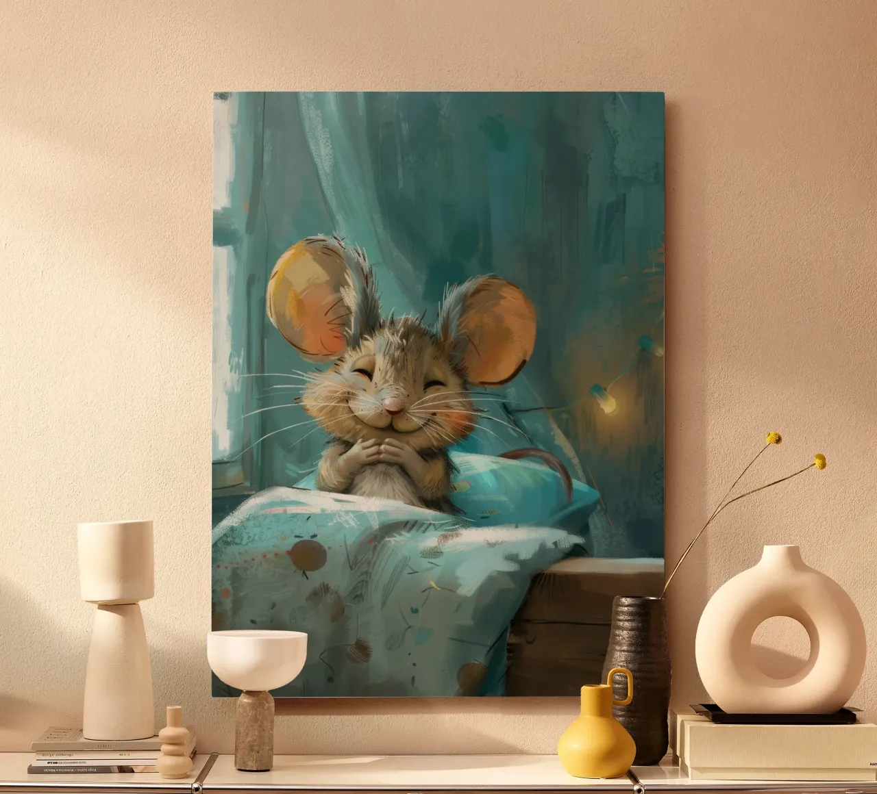 Souris heureuse se reposant dans un lit avec une couverture chaude dans une chambre confortable panneau forex de DesignDoodle