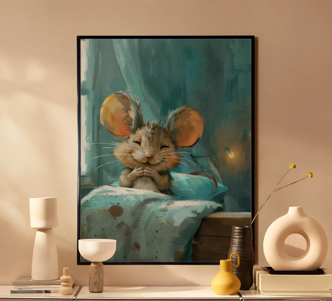 Souris heureuse se reposant dans un lit avec une couverture chaude dans une chambre confortable hahnemühle de DesignDoodle