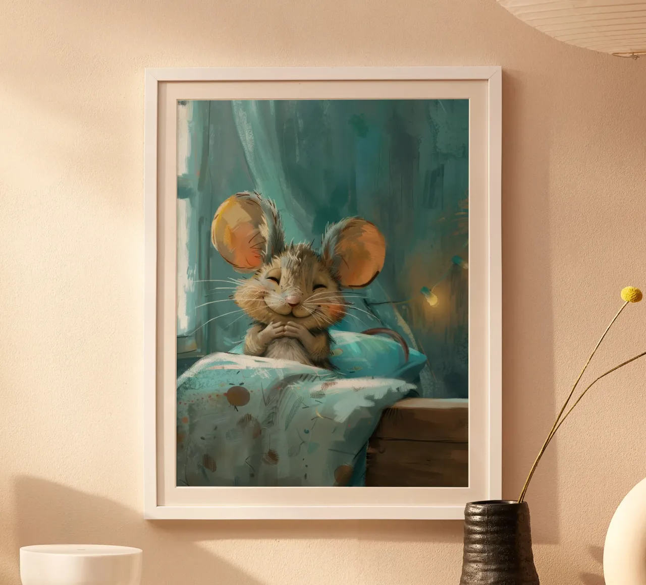 Souris heureuse se reposant dans un lit avec une couverture chaude dans une chambre confortable hahnemühle de DesignDoodle