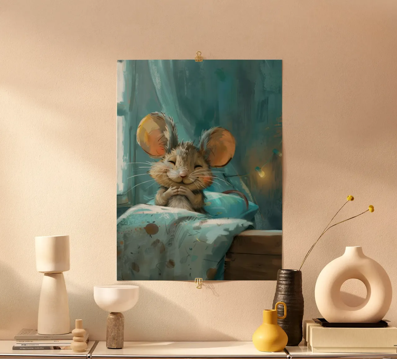 Souris heureuse se reposant dans un lit avec une couverture chaude dans une chambre confortable hahnemühle de DesignDoodle