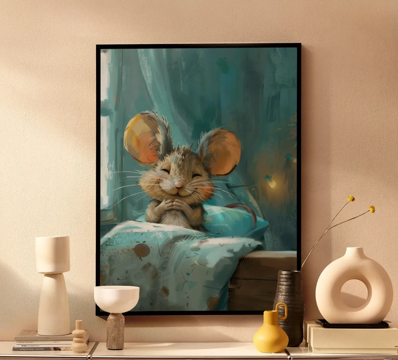 Souris heureuse se reposant dans un lit avec une couverture chaude dans une chambre confortable hahnemühle de DesignDoodle