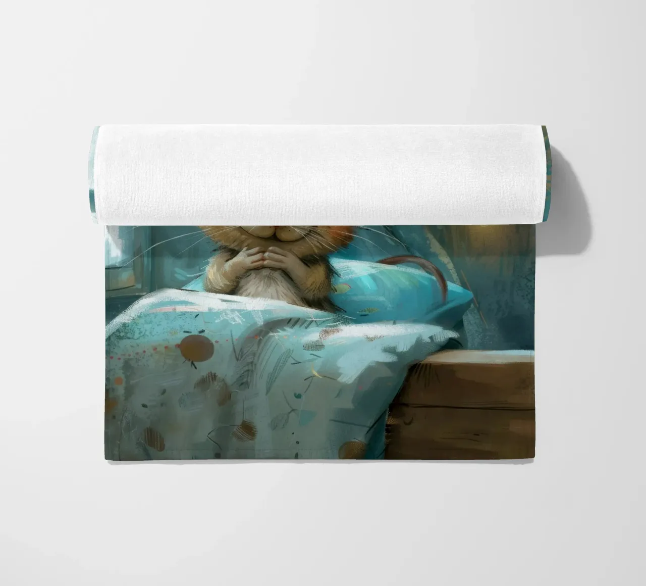 Souris heureuse se reposant dans un lit avec une couverture chaude dans une chambre confortable serviette de plage de DesignDoodle