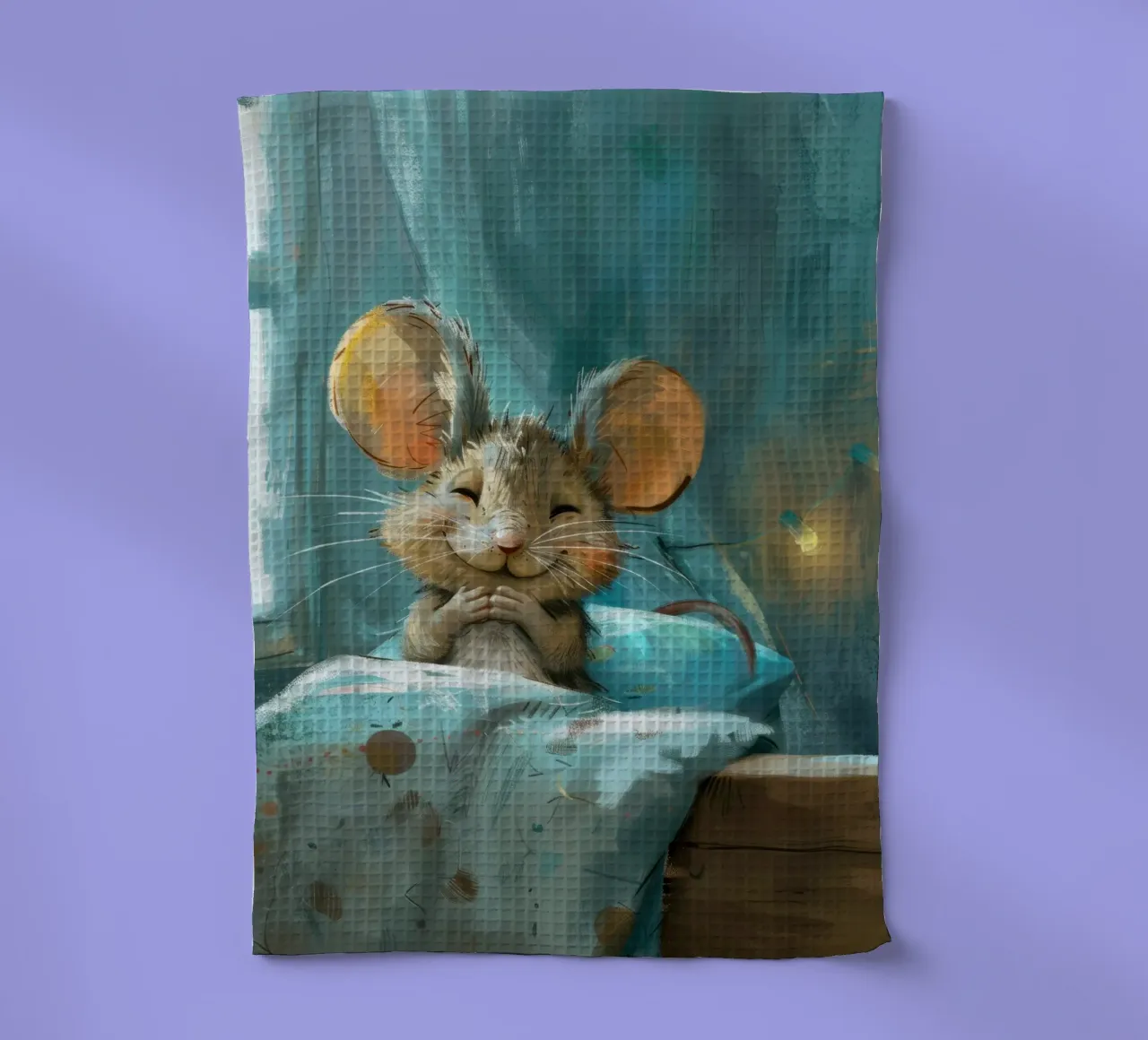 Souris heureuse se reposant dans un lit avec une couverture chaude dans une chambre confortable torchon de DesignDoodle