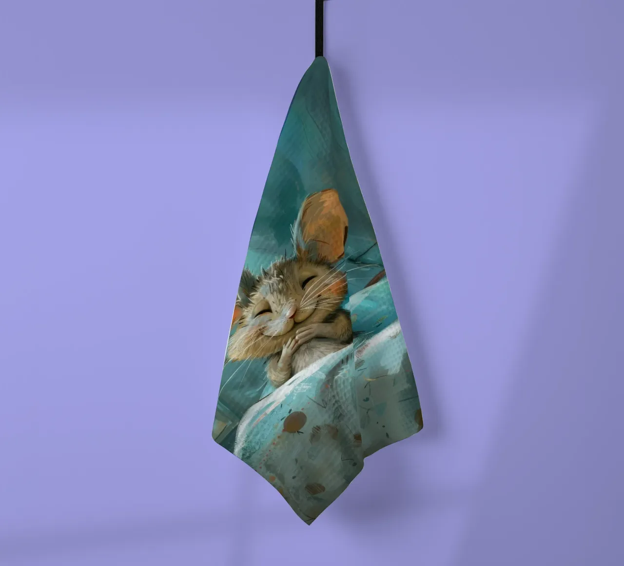 Souris heureuse se reposant dans un lit avec une couverture chaude dans une chambre confortable torchon de DesignDoodle