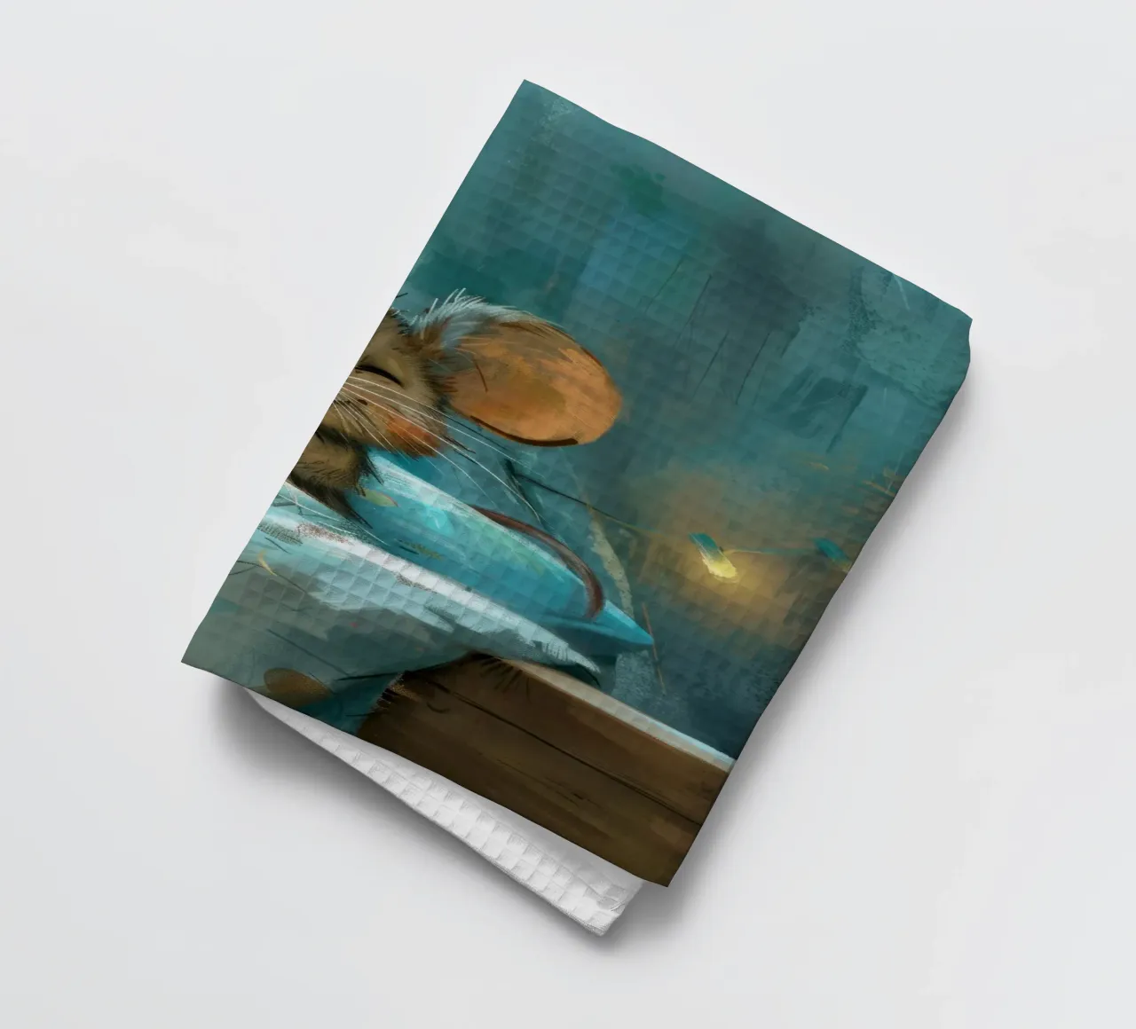 Souris heureuse se reposant dans un lit avec une couverture chaude dans une chambre confortable torchon de DesignDoodle