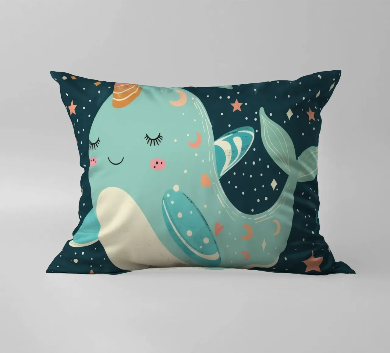 Mignon narval nageant parmi les étoiles dans un océan fantaisiste coussin de DesignDoodle