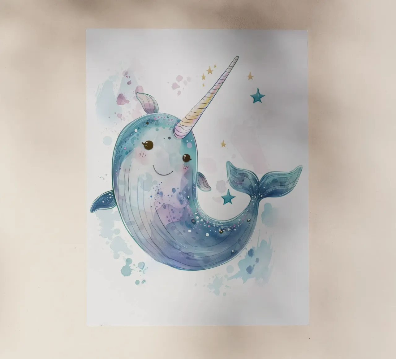 Simpatico personaggio narvalo che nuota felice in un'acqua stravagante pellicola backlit da DesignDoodle