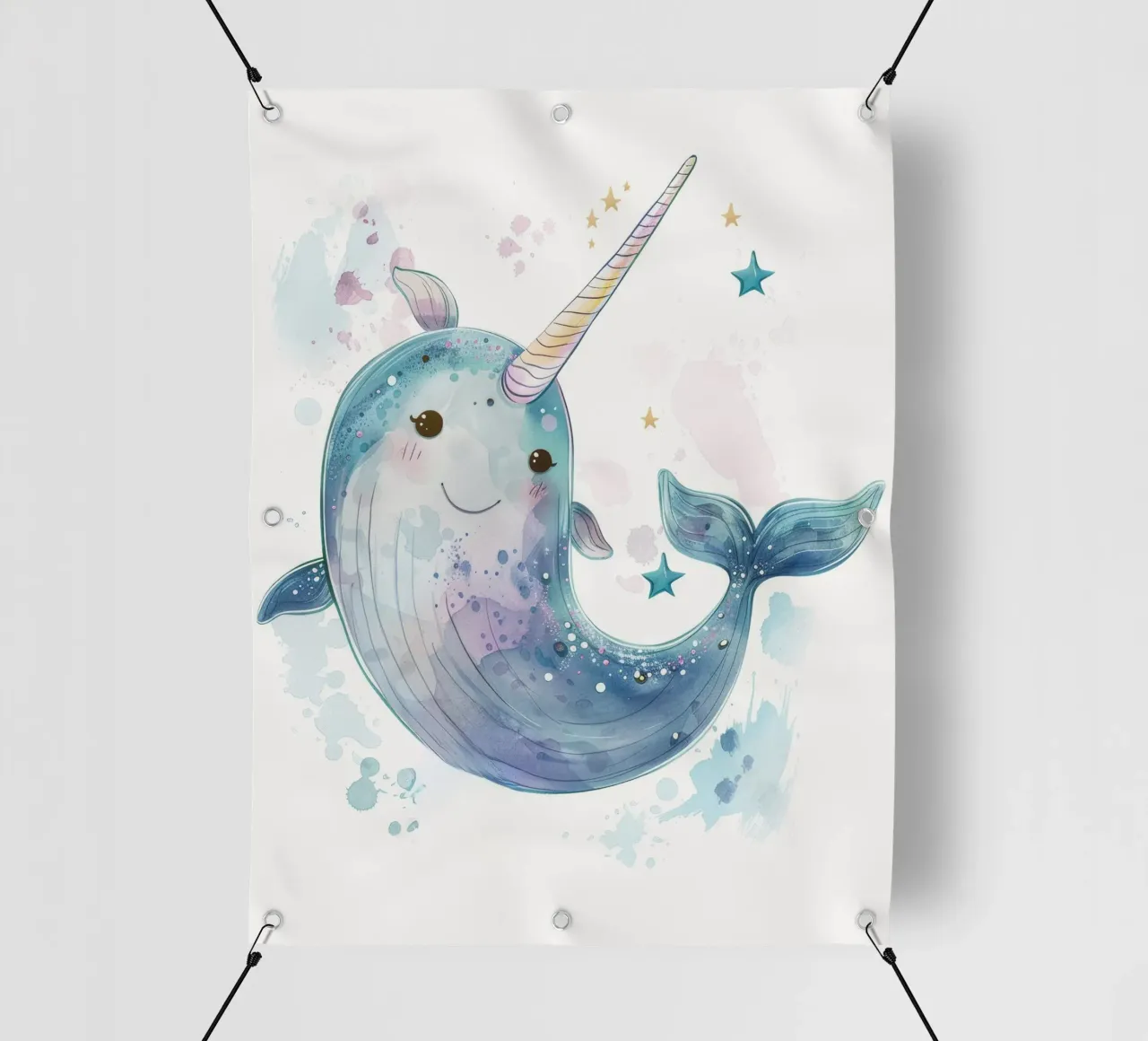 Simpatico personaggio narvalo che nuota felice in un'acqua stravagante telo in pvc da DesignDoodle