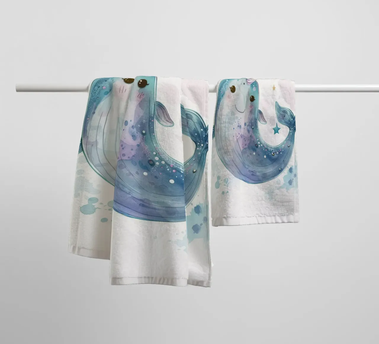 Mignon personnage de narval nageant joyeusement dans une eau fantaisiste serviette de bain de DesignDoodle