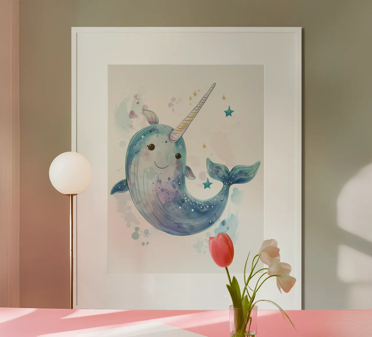 Mignon personnage de narval nageant joyeusement dans une eau fantaisiste poster avec cadre en plastique de DesignDoodle