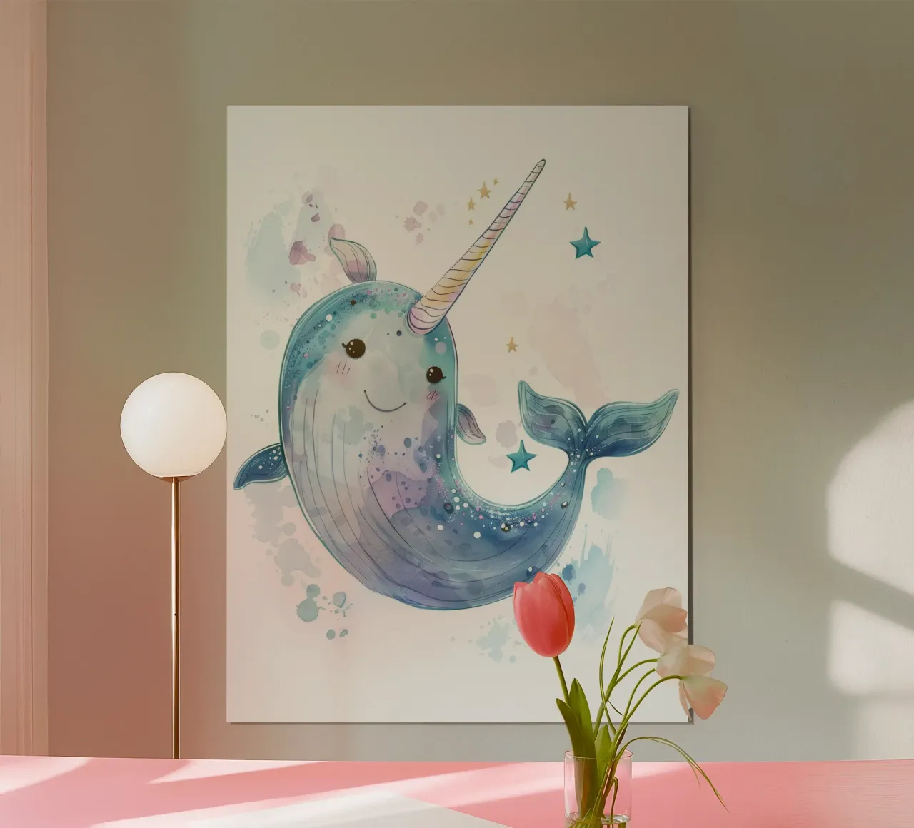 Mignon personnage de narval nageant joyeusement dans une eau fantaisiste poster avec cadre en plastique de DesignDoodle