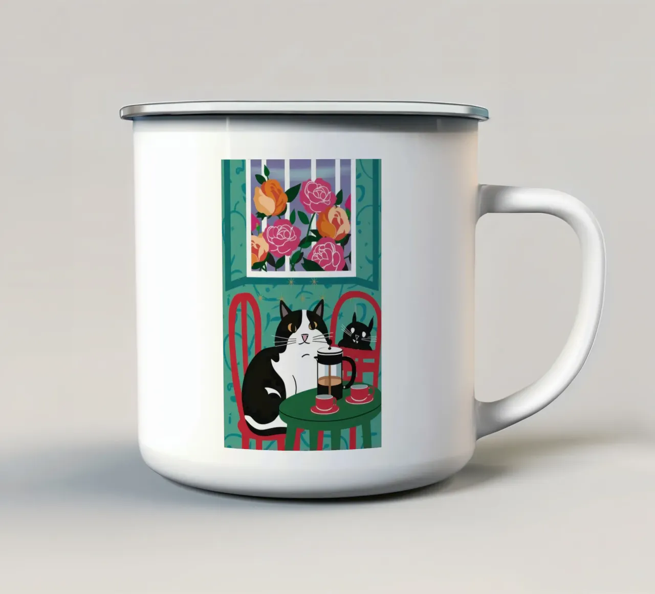 Cat Window Table enamel mug by Flock Reverie